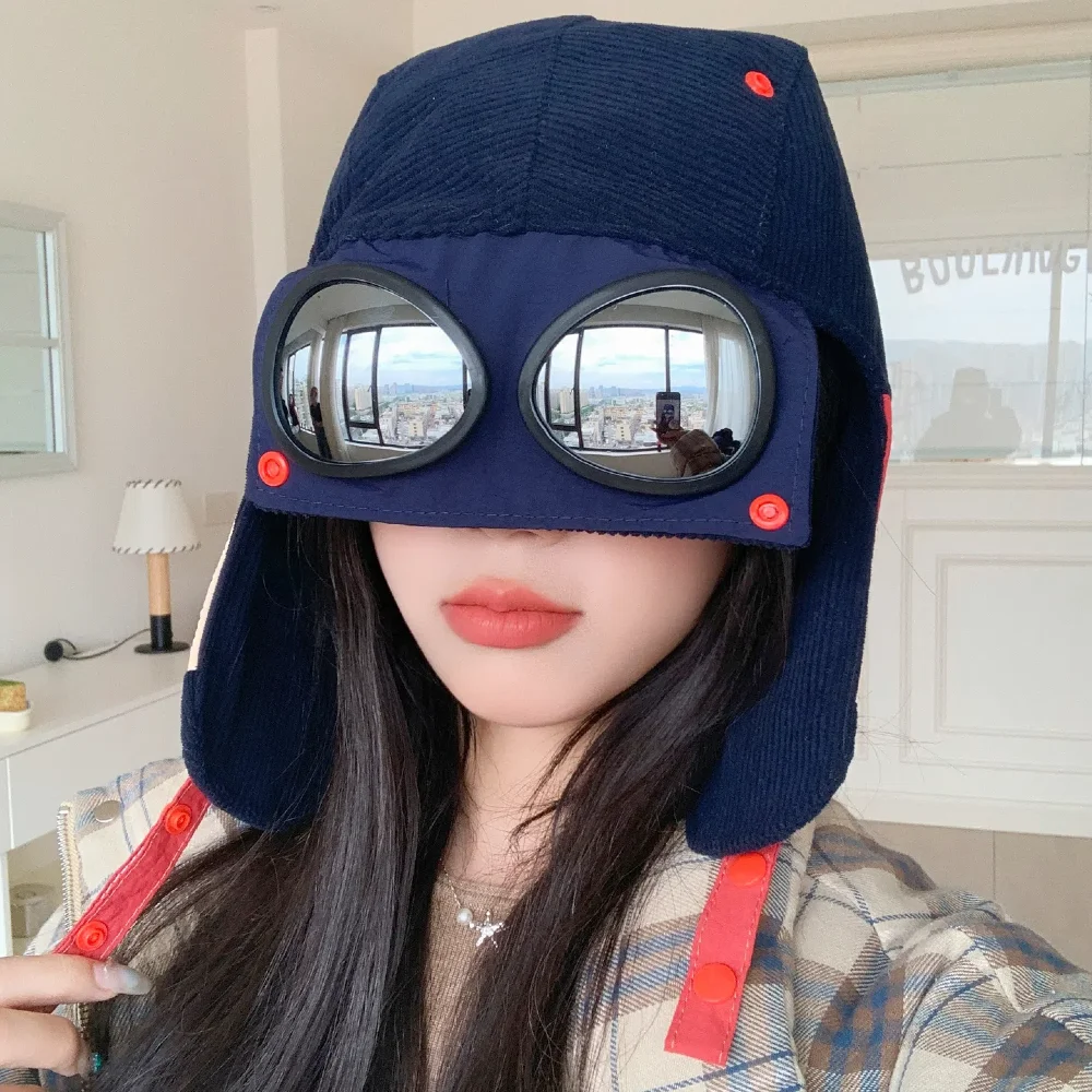 New Style Bomber Hats Ear Protection Hat Fashionable Pilot Style Hat With Sunglass Outdoor Winter Cap For Female Hat Caps