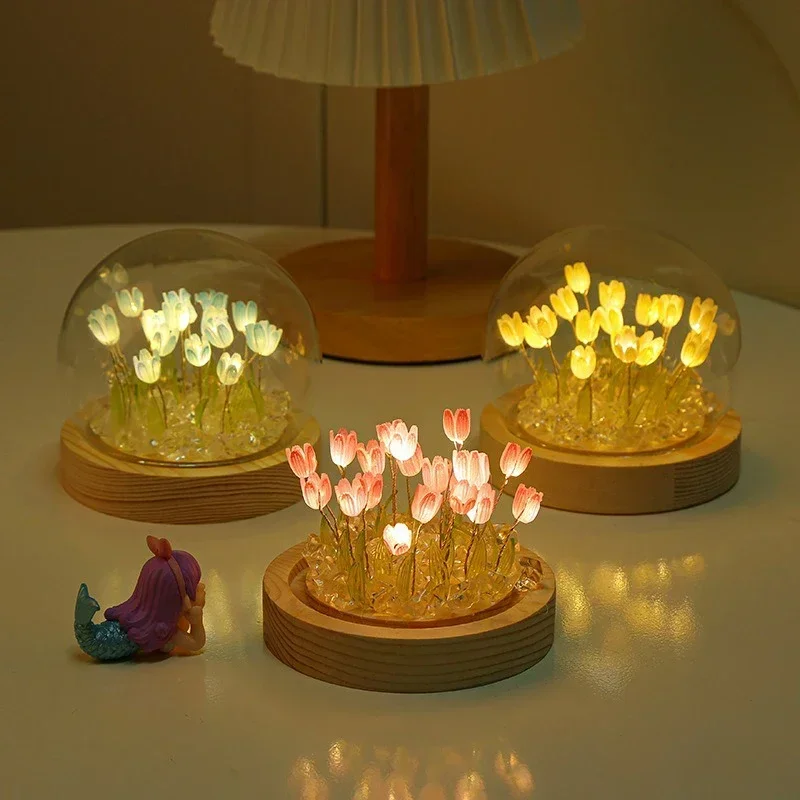 DIY Artificial Tulip Flower Night Light Ornaments Handmade Bedside LED Night Lamp Bedroom Desk Decor Birthday Gifts Table Lamp