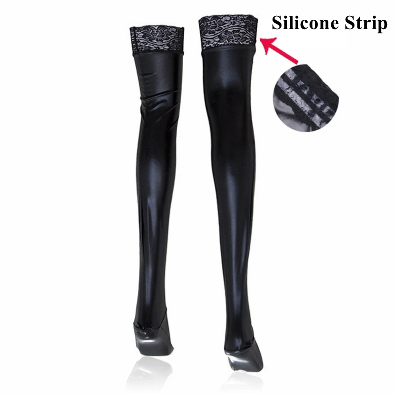 Plus size Women Sexy Stockings Cosplay Medias Wet Look PU Leather Clubwear Lace Floral Over Knee Stockings XXL fishnet stockings