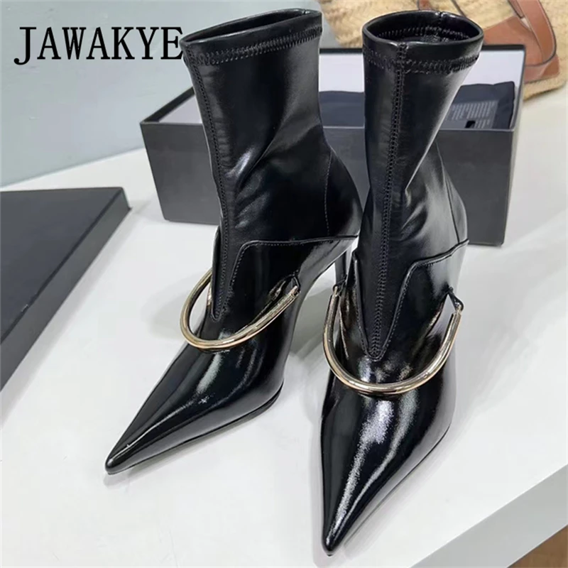 

2023 Autumn Fashion Pointed Toe Elastic Sock Boots For Women Metal Ring High Heels Mid-Calf Boots Sexy Party Short Botas Mujer