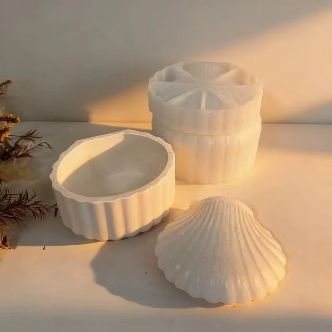 쉘 뚜껑 리브형 항아리 석고 실리콘 몰드 DIY 아로마테라피 석고 보관함 장식 양초 용기 쉬운 탈형