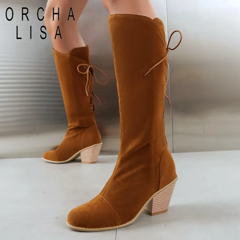 

ORCHA LISA New Women Knee High Boots Flock Block Heels 7.5cm Flock Suede Lace Up Plus Size 43 44 Leisure Daily Autumn Booties