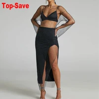 Shiny Rhinestones Grid Fishnet Dress Long Sleeve O-Neck Hollw Out 2024 Summer Dress Sexy Beach Cover Up Breathable Lady Vestidos 1