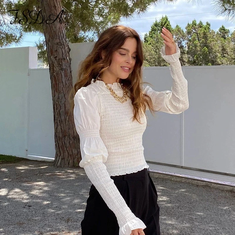 

Autumn Winter Women Long Sleeve White Elegant Blouse Fashion See Through Streetwear Sexy Top O Neck Ruched Lady Casual Shirts