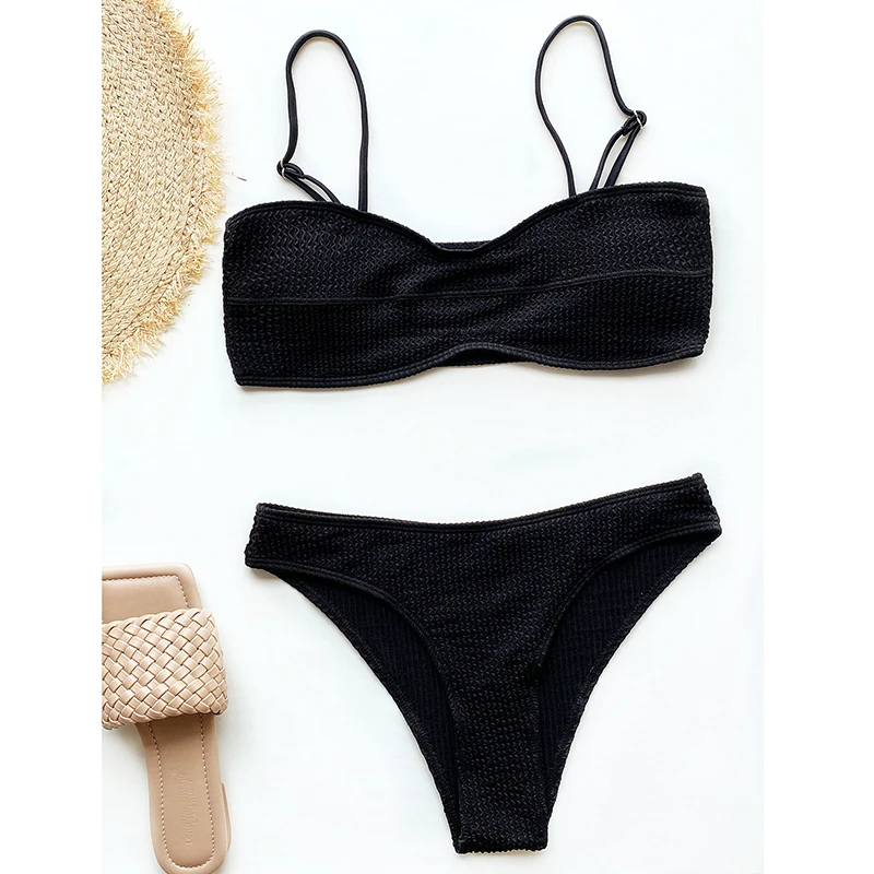 Ribbing Two-piece Suits 2022 Sexy Bikini Set Bandeau Pleated Wavy Black Swimsuit Women Bandage BeachWear Monokini Swimwear S M L bikini set for beach