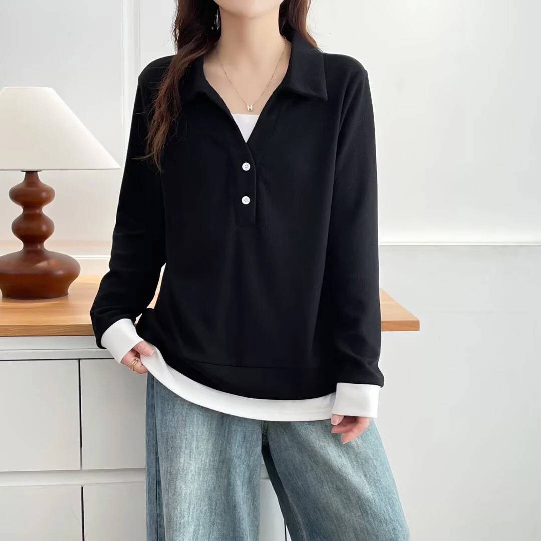 Fashion Plus Size Women's Sweatshirt Autumn New Casual Lapel Long Sleeve Fake Two Pieces Hoodies 627