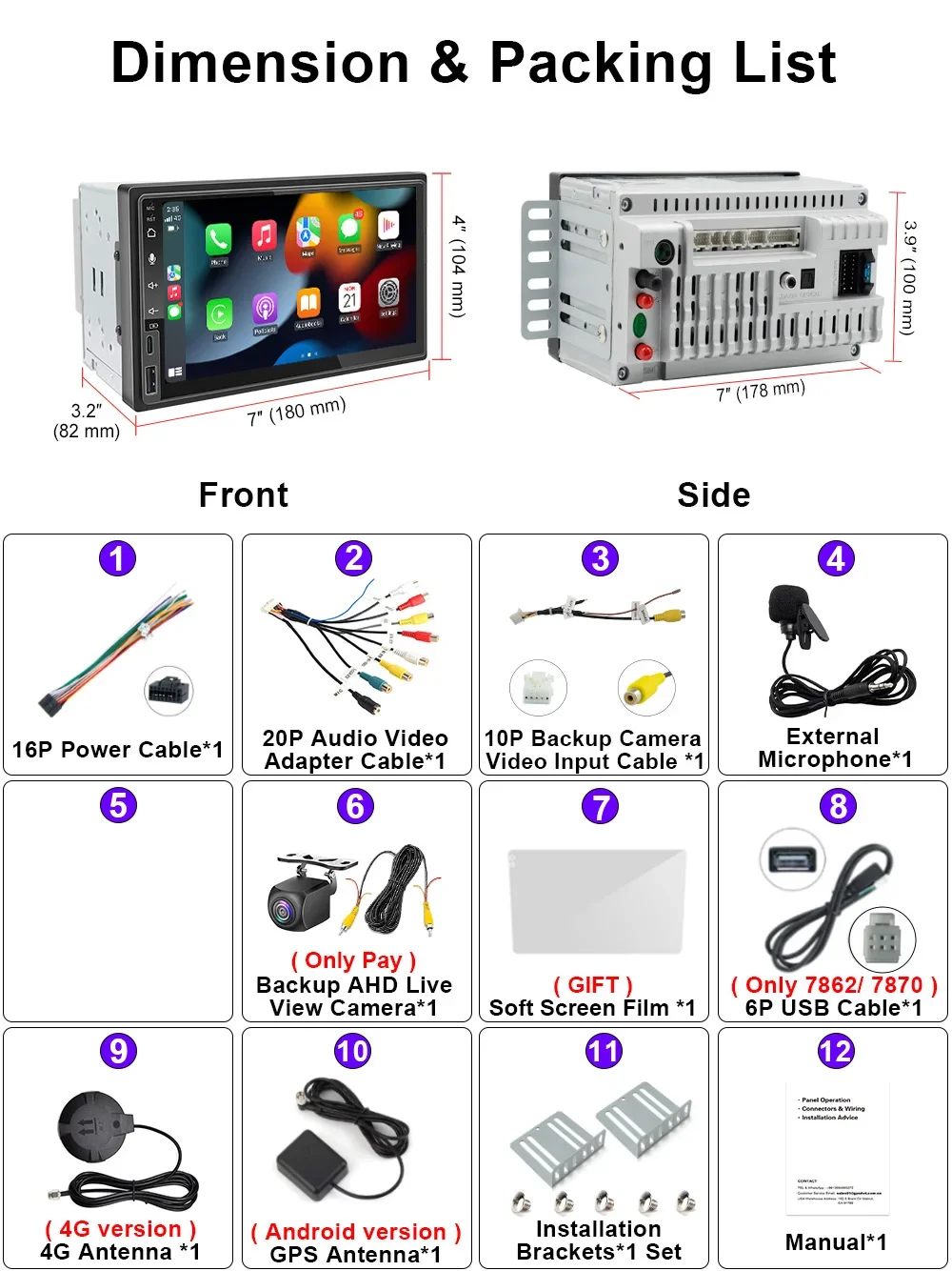2USB Universal Double 2Din 7 Inch Car multi-media AI Voice Wireless Wired Android Auto CarPlay MP5 Player Radio Stereo Head unit