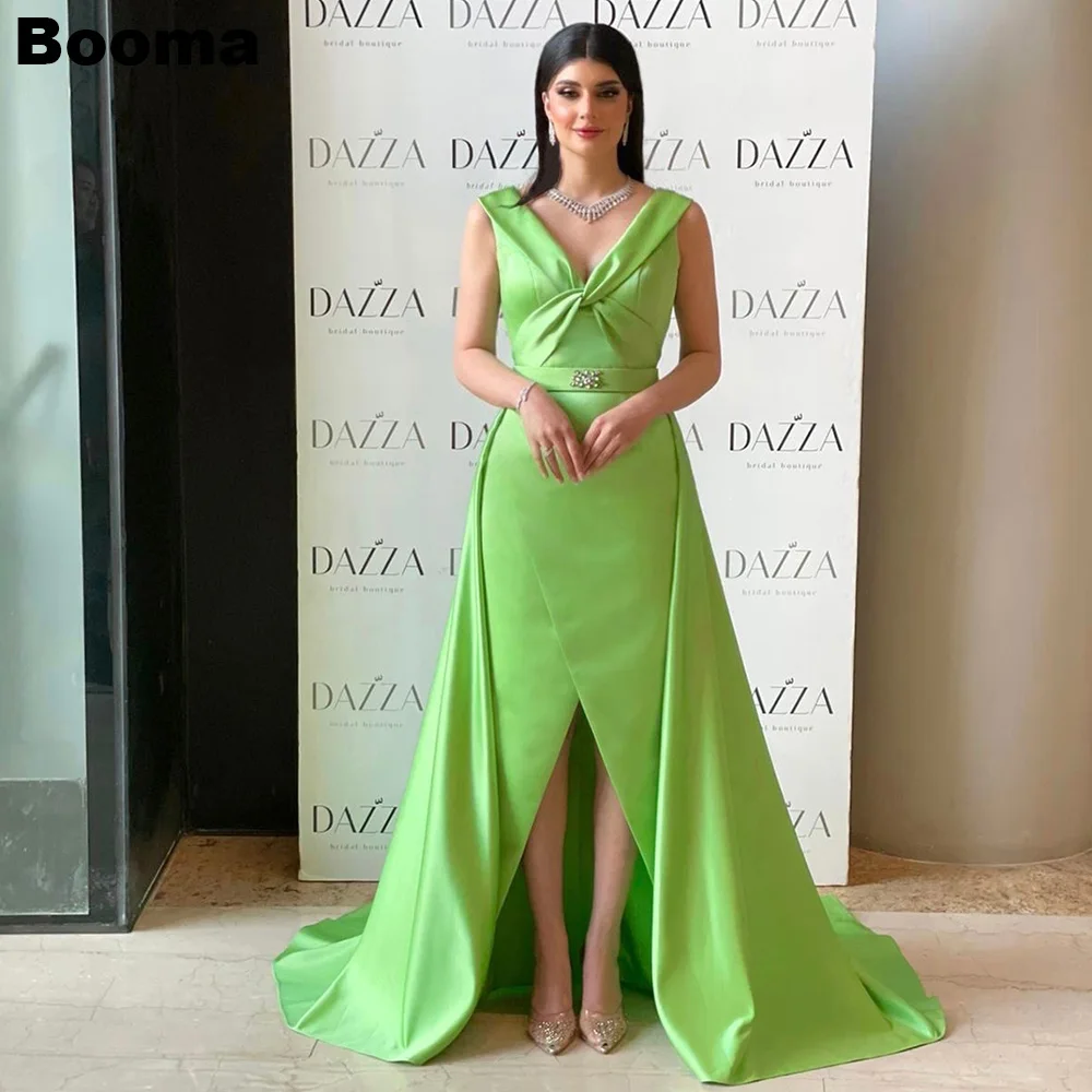 

Booma Green Stain Mermaid Formal Occasion Dresses V Neck Sleeves Bead Evening Dresses for Women High Low Party Prom Gowns Dubai