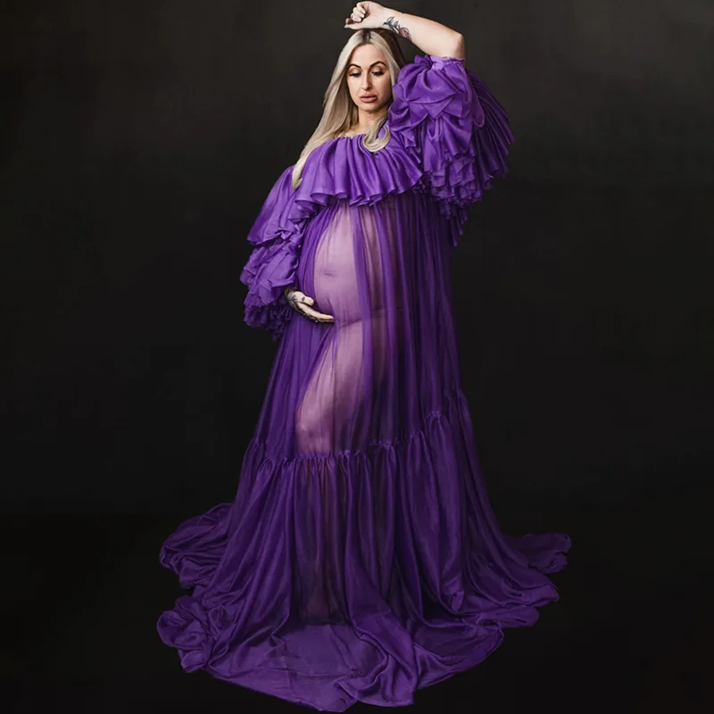 

Purple Maternity Shoot Dress Off Shoulder Ruffled Transparent Pregnancy Gowns for Babyshower Women Robe Prom Party Clothes