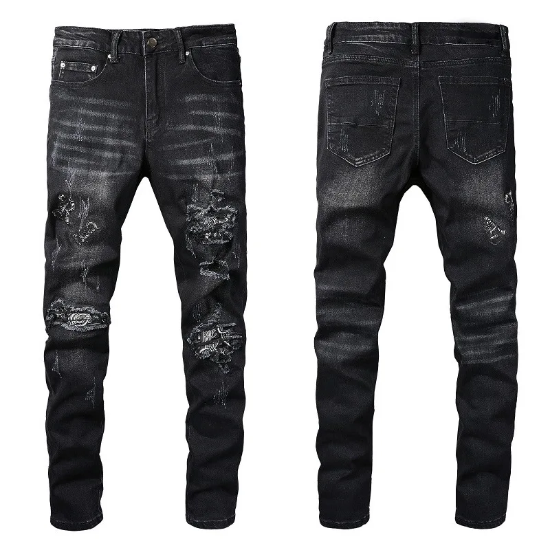 

Модные брендовые качественные мужские черные облегающие брюки-карандаш, уличная одежда, бандана на завязках, лоскутные облегающие джинсы из денима