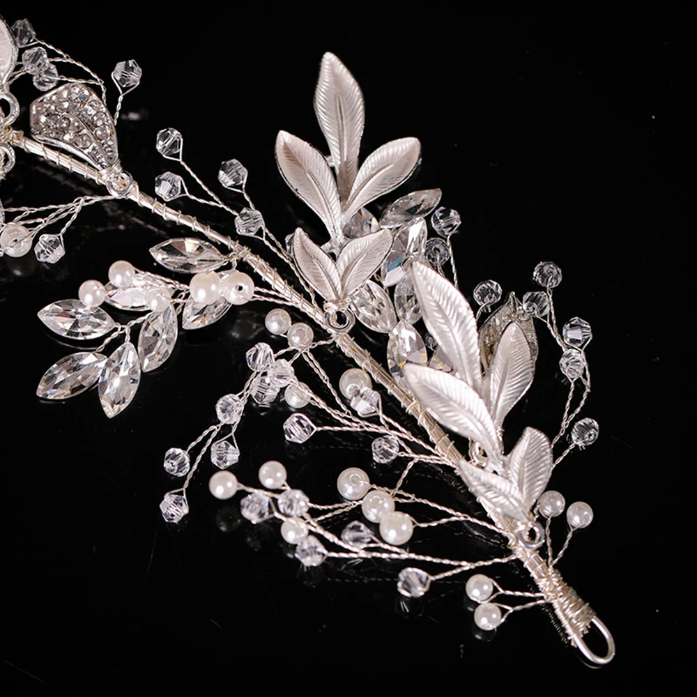 Female Wedding Leaf Headband Party Prop Knitting Silver Gown Hair Vines with Rhinestones for Banquet Wedding Masquerade