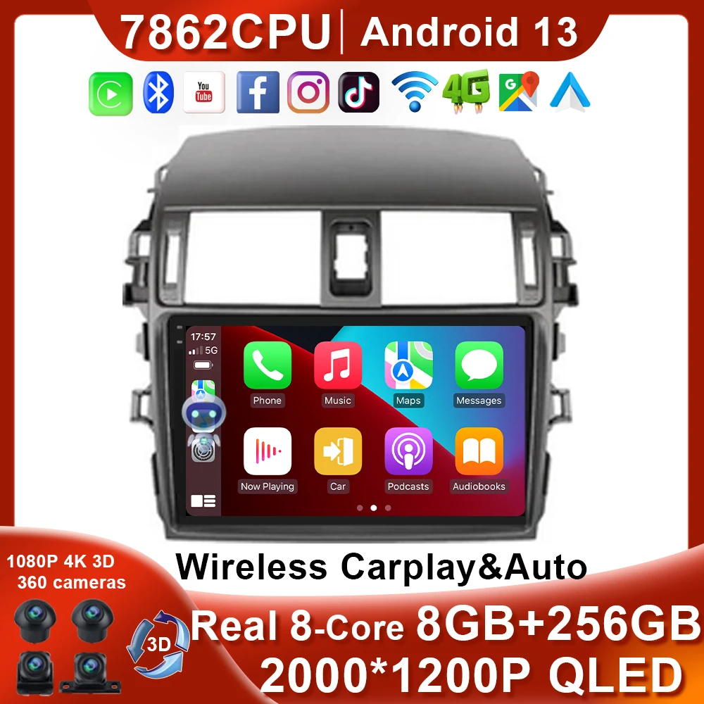 

Wireless carplay&Auto Real 8-Core For Toyota Corolla 10 E140 E150 2006 - 2013 Navigation SWC Stereo Radio DSP Wireless BT5.0