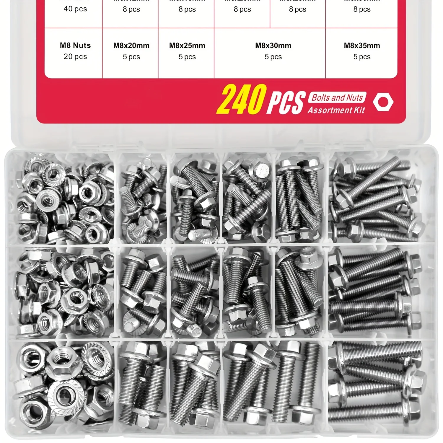 240PCS M5 M6 M8 Flanged Bolts and Nuts Kit, Stainless Steel 304 Metric Flanged Hex Screws Nuts Includes 14 Most Common Sizes