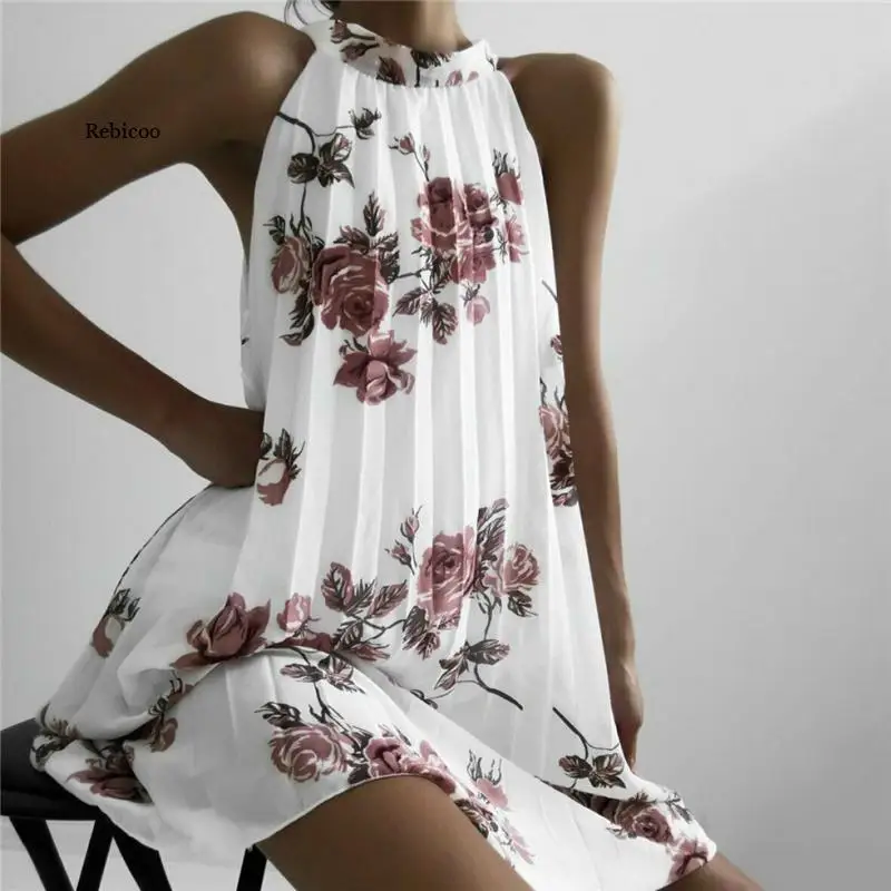 

Fashion Women Boho Beach Summer Sleeveless Halter Floral Dress Elegant Off Shoulder Loose Sundress Ladies Dames Streetwear