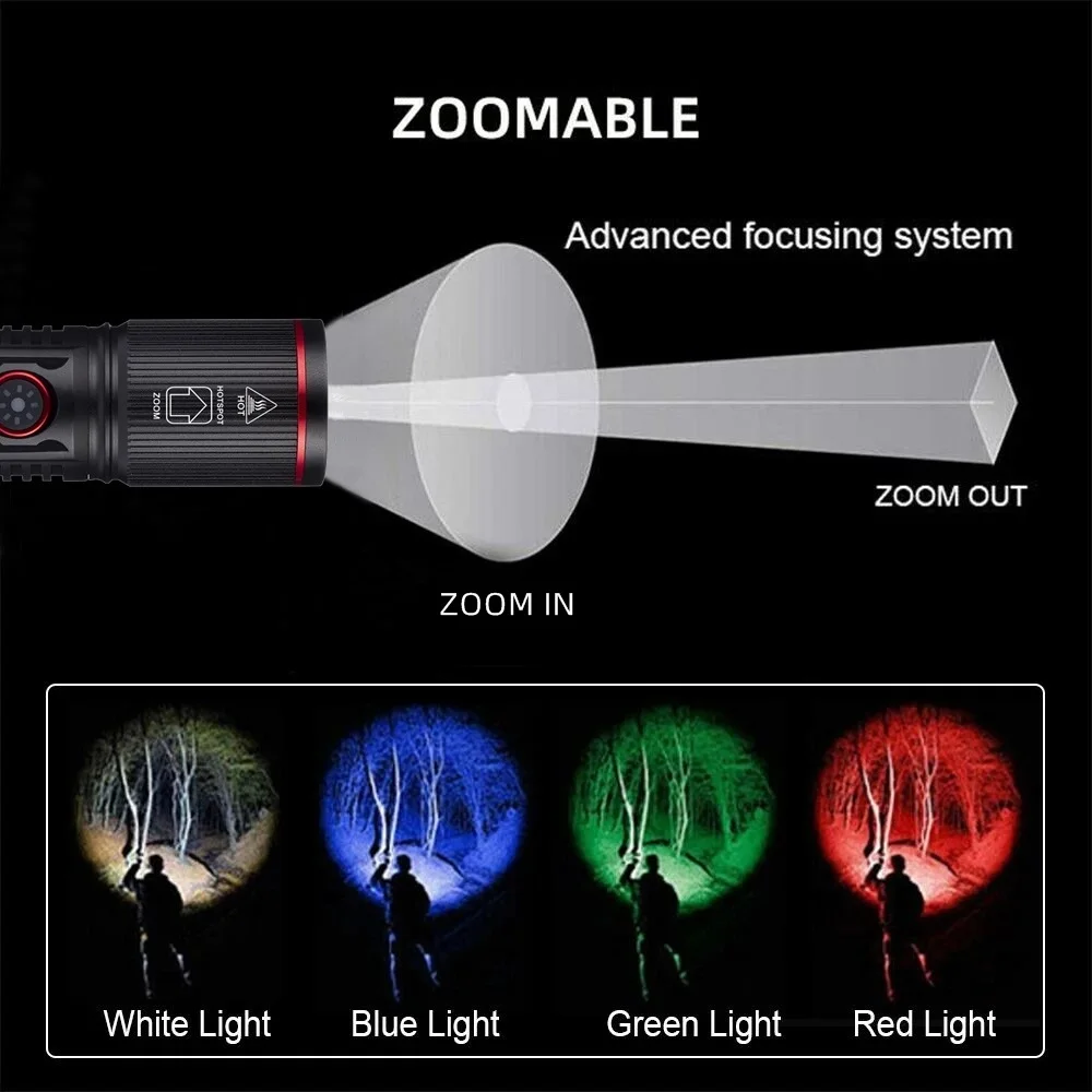 Zoomable 4-Colour light White/Red/Green/Blue LED Flashlight USB