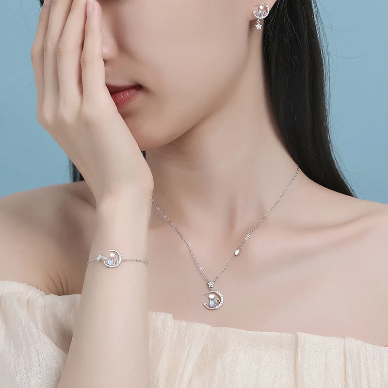 European Sparkling S925 Sterling silver Pave Cat Moon Pendant Necklace Earrings Bracelet For Women - PeticaDeals