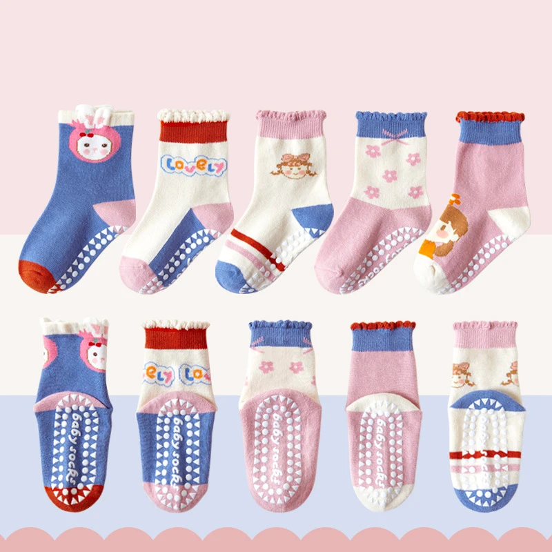 5 pairs children's socks Non-slip floor socks for kids Cute printed mid-tube socks Cotton socks for children aged 1-12 years