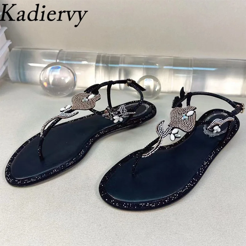 

Rhinestone Flower Sandals Women Flip Flops Black Purple Holiday Shoes Women Fashion Comfort Runway Crystal Flat Sandals Woman