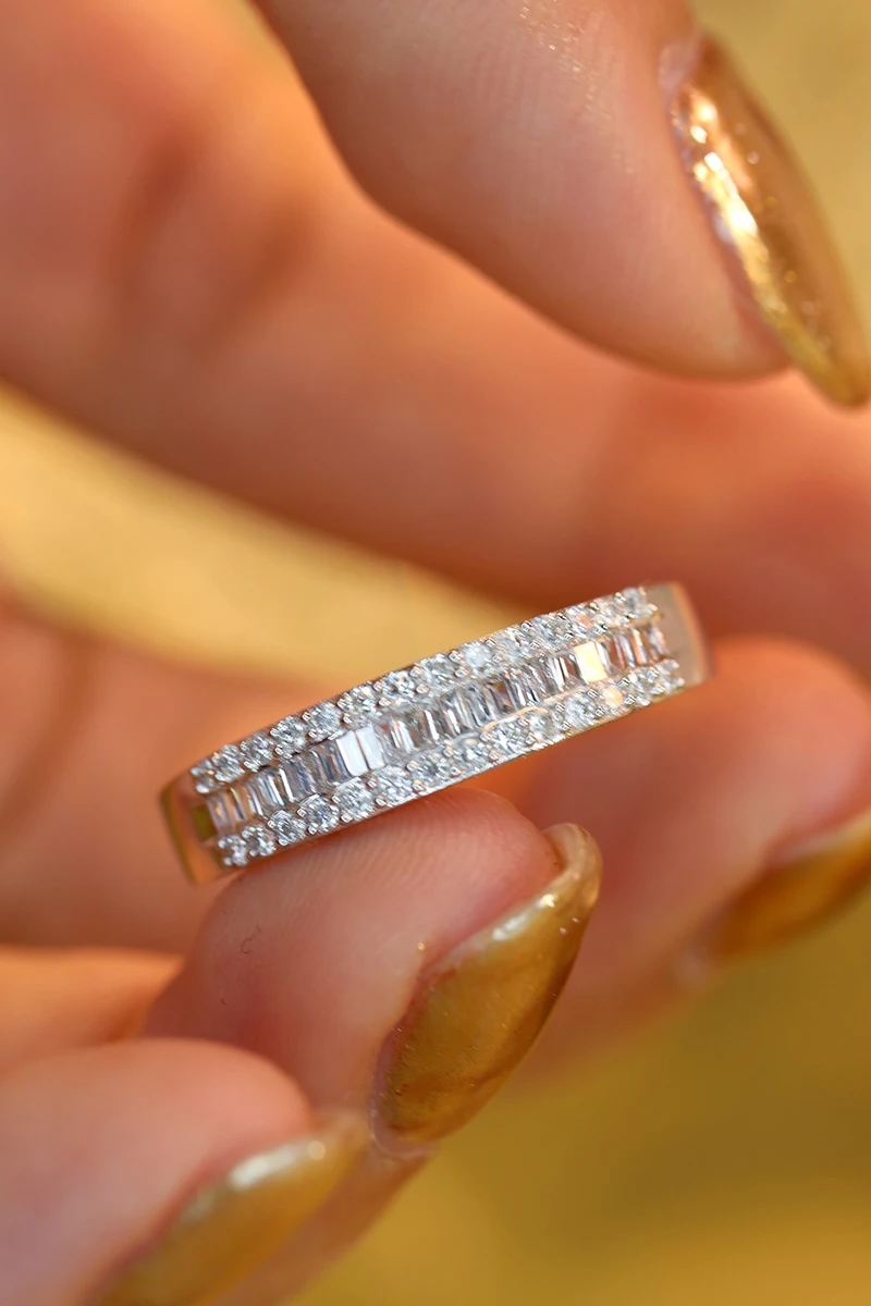 LUOWEND 100% 18K White Gold Rings Row Drill 0.50carat Real Natural Diamond Ring Wedding Band for Women Fashion Design Jewelry