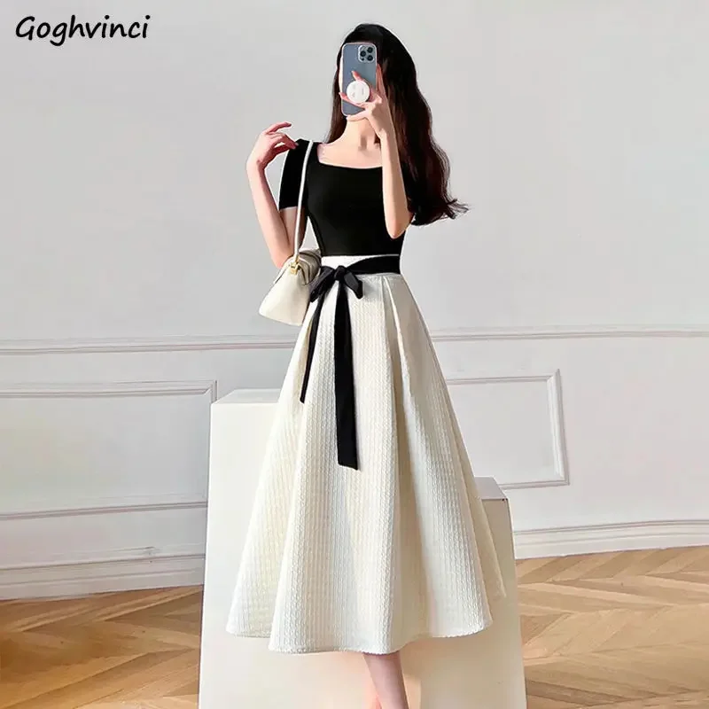 

Women Sets Solid Short Slve T-shirt Bandage A-line Skirt 2 Pieces Temper Fashion Elegant Strt Wear French Style Tender Chic