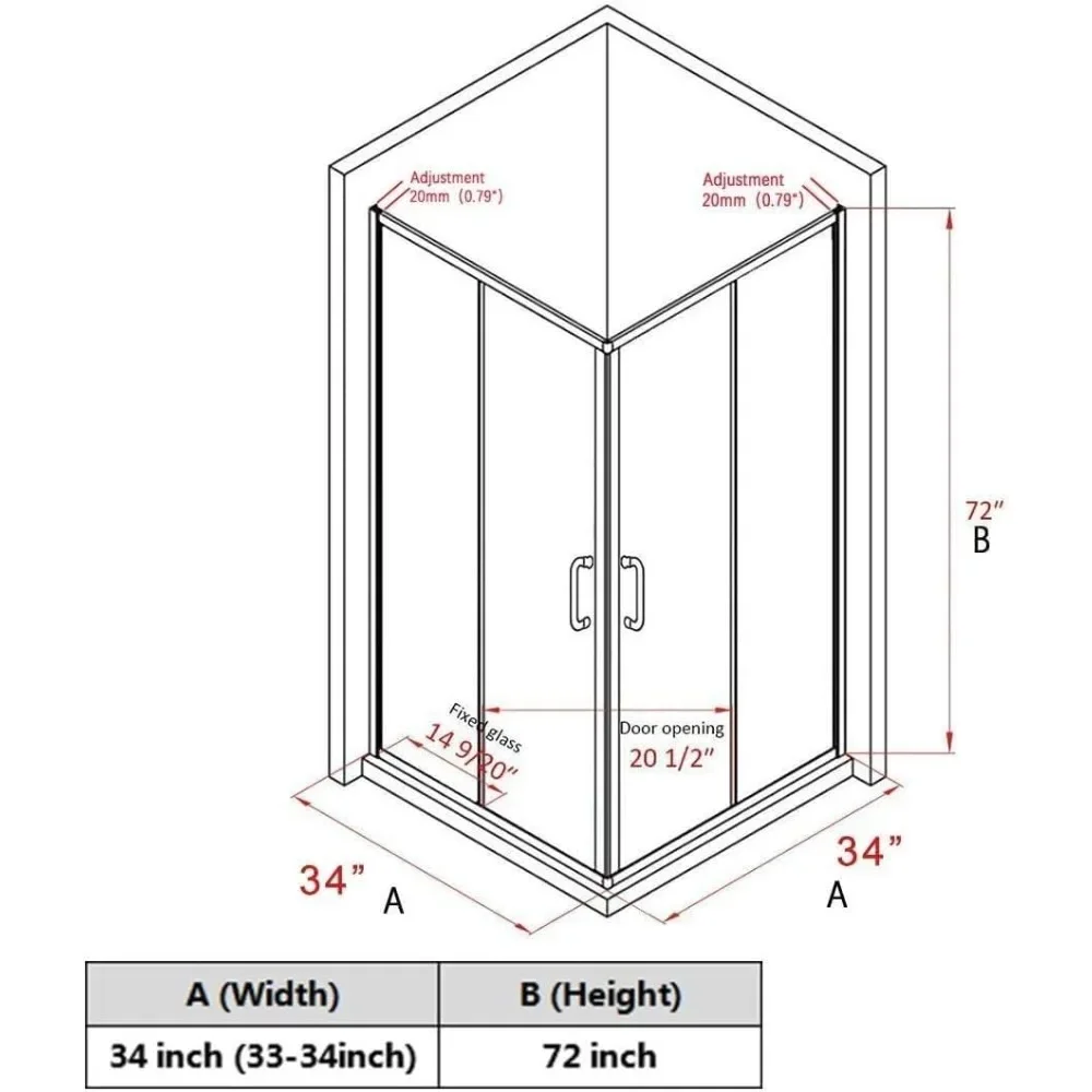 Corner Shower Enclosure 1/4 in. Clear Glass Semi-Frameless Sliding Shower Doors, 34 in X 34 in X 72 Bath Door