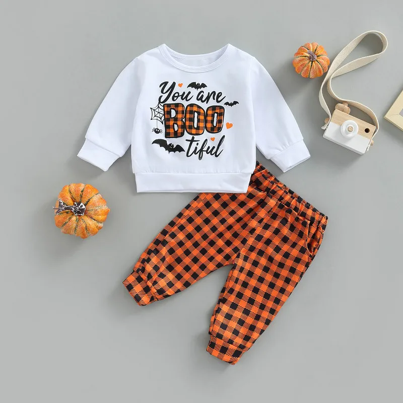 

Halloween New Born Baby Boy Girl Two Pieces Clothes Outfit Autumn Long Sleeve Letter Bat Spider Web Printed Tops Plaid Pants