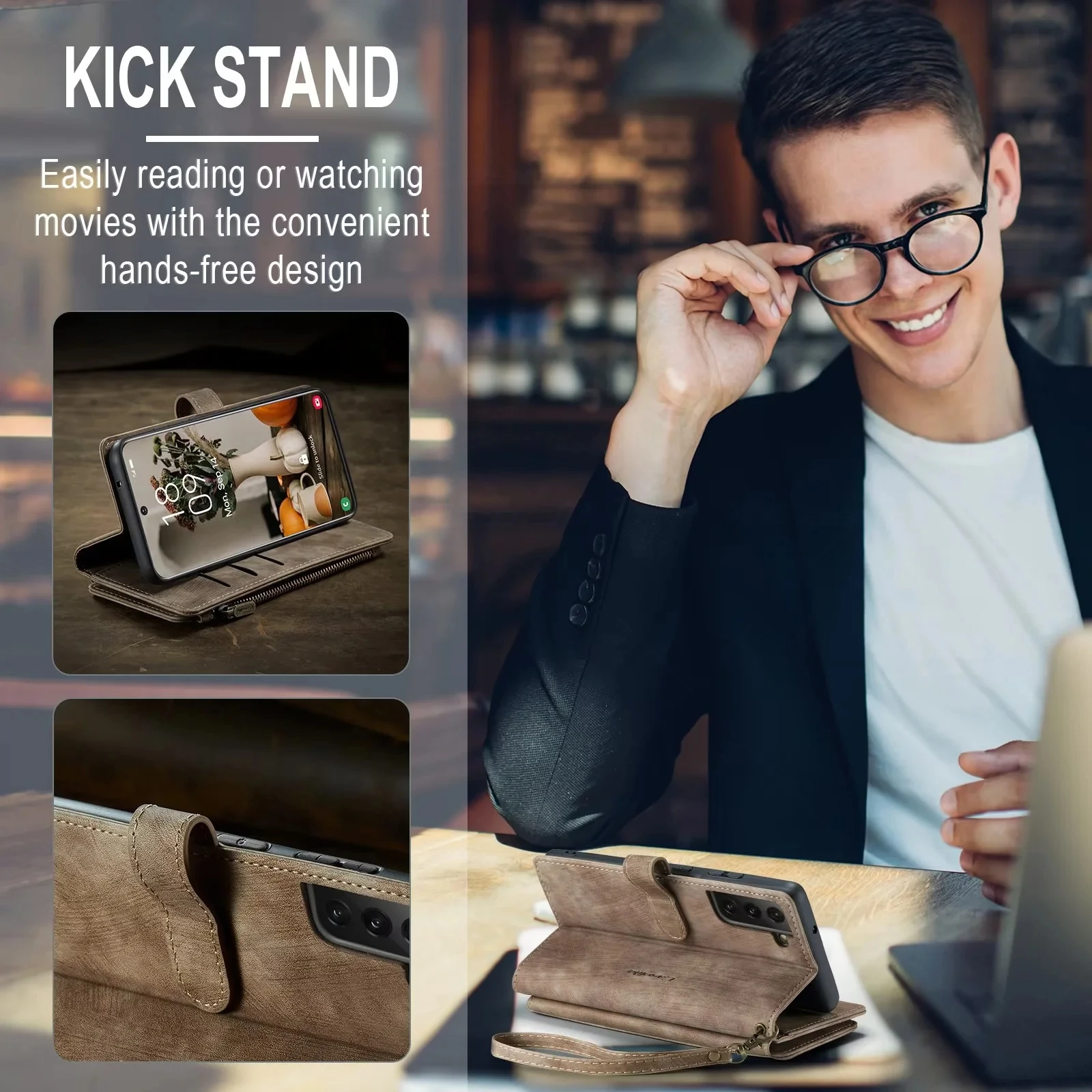 Elegant PU Leather Wallet Case with Card Holder and Strap, Book Flip Design