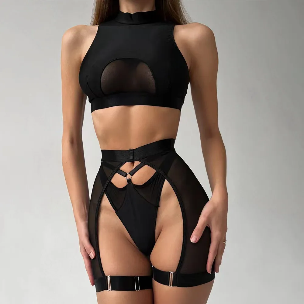 Sexy Lingerie Set Woman 3 Pieces Vest Top Corset Underwear Garter Belt Thong Black Intimate Sexy Adult Erotic Lingerie