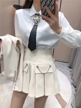 England Style Fashion Jacket Skirt Suits Preppy Style Metal Rose Tie Shirt+ Short Blazer +Pleated Mini Skirt 3 Piece Set Women 2