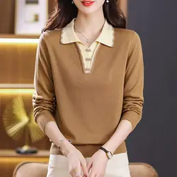 Spring and Autumn Women's Pullover Fake Two Piece Polo Neck Button Solid Color Sweater Underlay Fashion Casual RLong Sleeve Tops