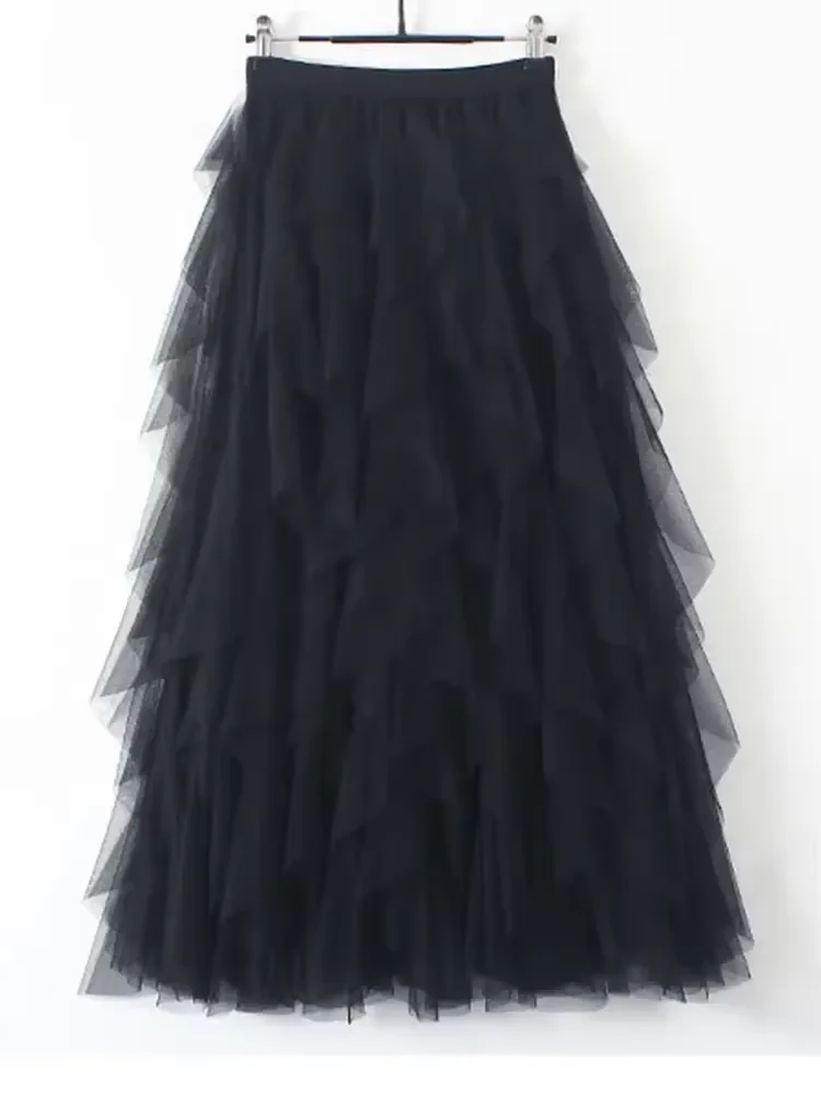 Women's High Waist Tulle Mesh Irregular Tutu Skirt Elastic A-Line Gauze Skirt Pleated Long Hi Spring Summer New 4