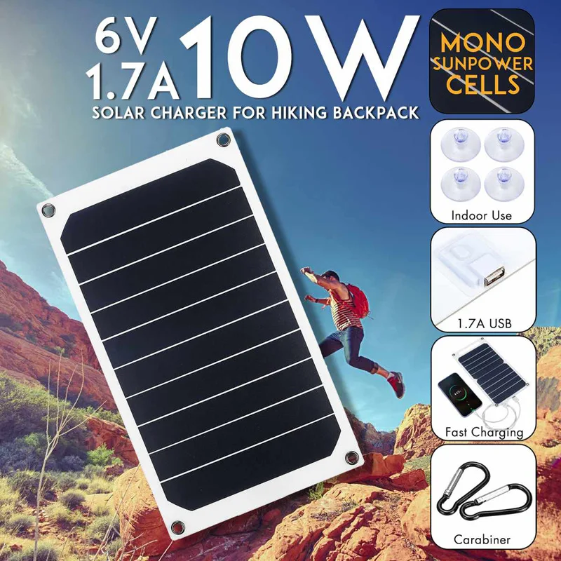 USB Solar Charger Panel 6V 10W Portable Solar Panel Output USB Outdoor Portable System for Phone Charger