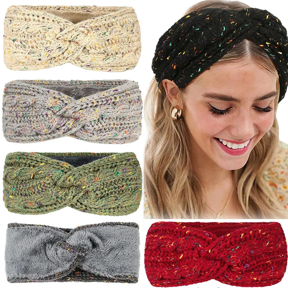 Autumn Winter Women Wool Knitting Headband Colorful Twist Wool Yarn Hairband Plush Lined Elastic Turban Ear Warmer Headwrap ferret fur round neck sweater men s loose autumn and winter embroidered warm top fleece lined thickened knitting bottoming shirt