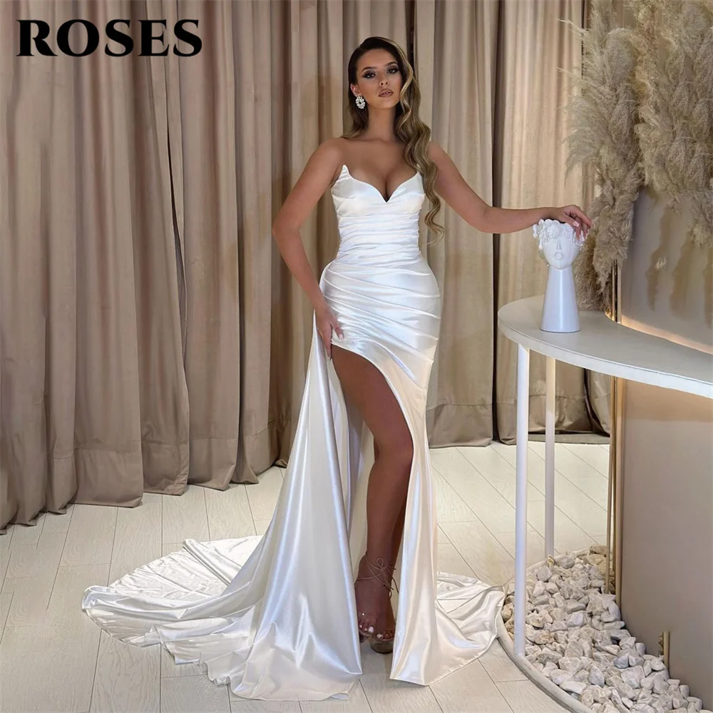 

ROSES White Evening Dress Sweetheart Mermaid Party Dress With Pleats Sleeveless Satin Prom Dress Sexy Side Split Robe De Soirée