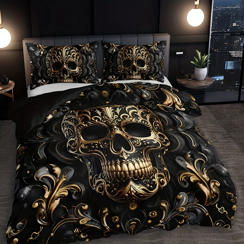 3Pcs Metallic Skull Duvet Cover Set, Black Golden Gothic Design Breathable Polyester Bedding with Pillowcases, Machine Washable