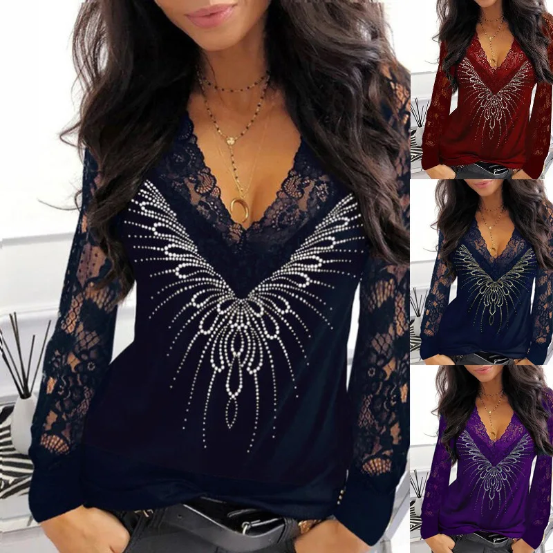 

Women's Lace and Lace Printed Patchwork V-neck Perspective Long Sleeved T-shirt