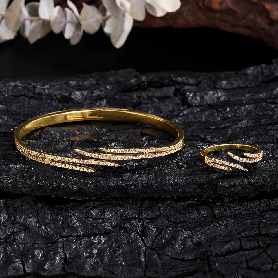 ZAKOL Classic Zircon Inlay Wing Shape Open Bracelet Ring For Women Exquisite 18K Gold Plated Fashion Aesthetic Jewelry Gift 3