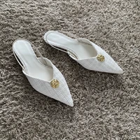 2025 Woman White Fabric High Heels Chic Metal Inlaid Slingback Kitten Heel Shoes Summer Elegant Female Office Low Heels Sandals 1