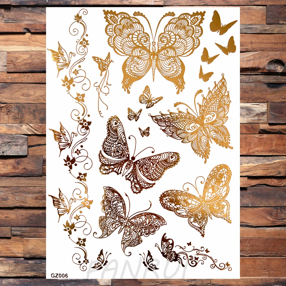 Realistic Elephant Moon Temporary Tattoos For Women Adult Fake Butterfly Lace Mandala Tattoo Sticker Gold Waterproof Chest Tatoo 2