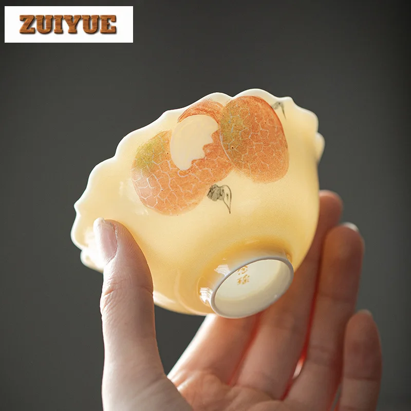Apricot Yellow Cover Bowl Hand Painted Lychee Bowl Anti Scald Gaiwan Elegant Tea Tureen Tea Cup 120ml Chinese Set Ornaments