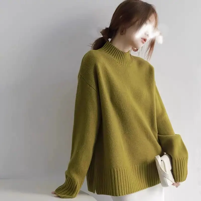 European100% pure cashmere sweater women's half turtleneck slit short sweater lazy loose knit base shirt 2023 autumn and winter - Image 8