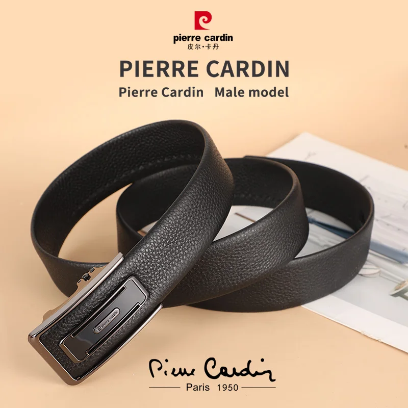 Pierre Cardin sabuk kulit asli untuk pria, ikat pinggang gesper