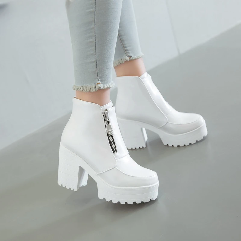 

Black White Platform Ankle Boots for Women High Heels Boots Ladies Zip Autumn Winter Booties Woman Boots Shoes 2023