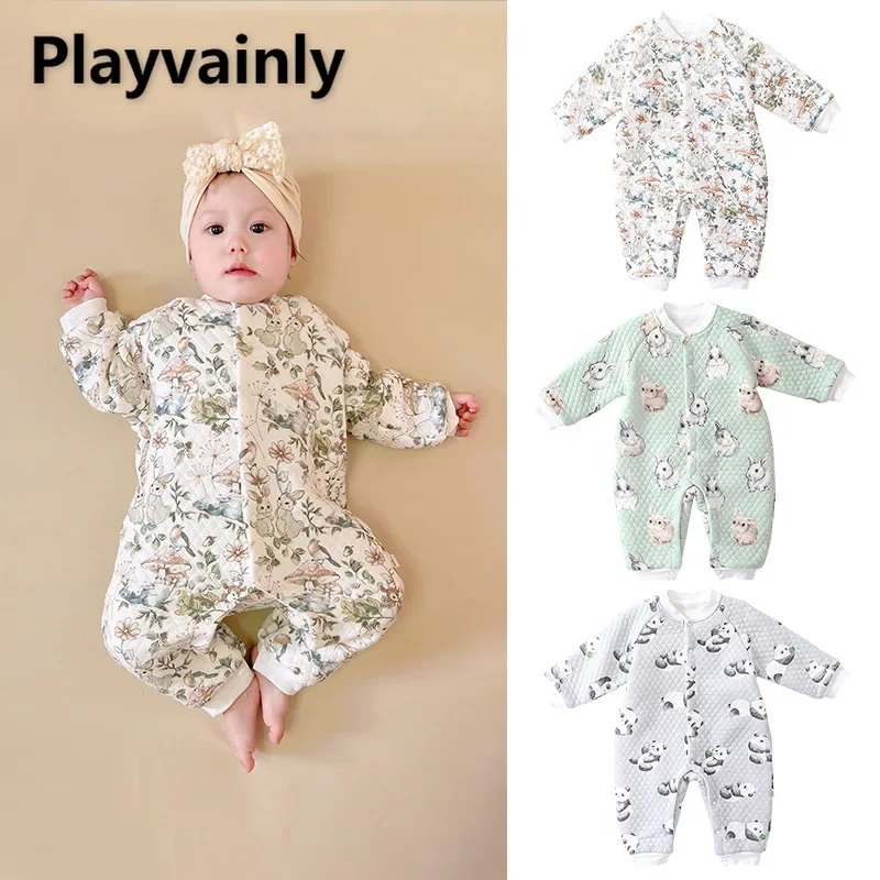 

New Winter Toddler Girl Boy Rompers Cute Panda Rabbit O-neck Single Breasted Thickened Warm Jumpsuit Newborn Clothes E23348