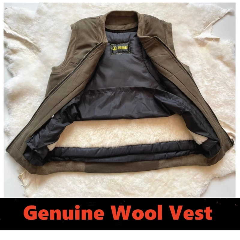 Real Wool Leather Mens Vest Autumn Winter Plush Thick Warm Wool Jacket Removable Inner Tank Tops Dad's Clothes Thermal Waistcoat