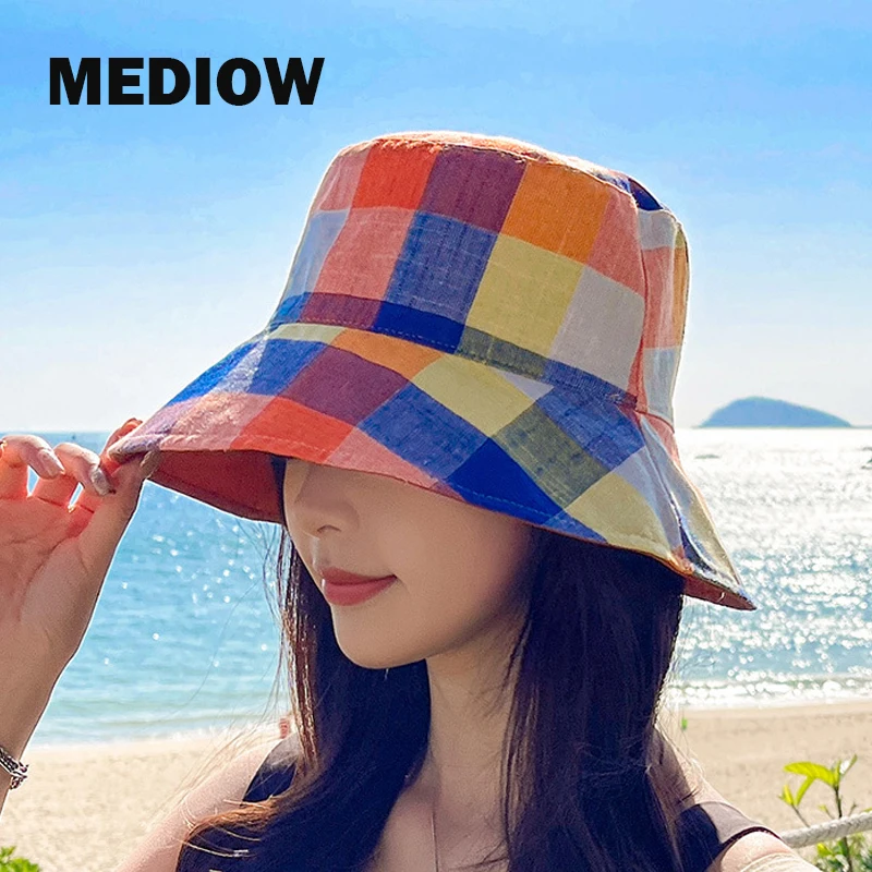 Casual Bucket Hat For Women Sun Protection Flat Large Eaves Double Sided  2023 New In Nylon Bear Embroidery Plaid Decoration Cap - AliExpress