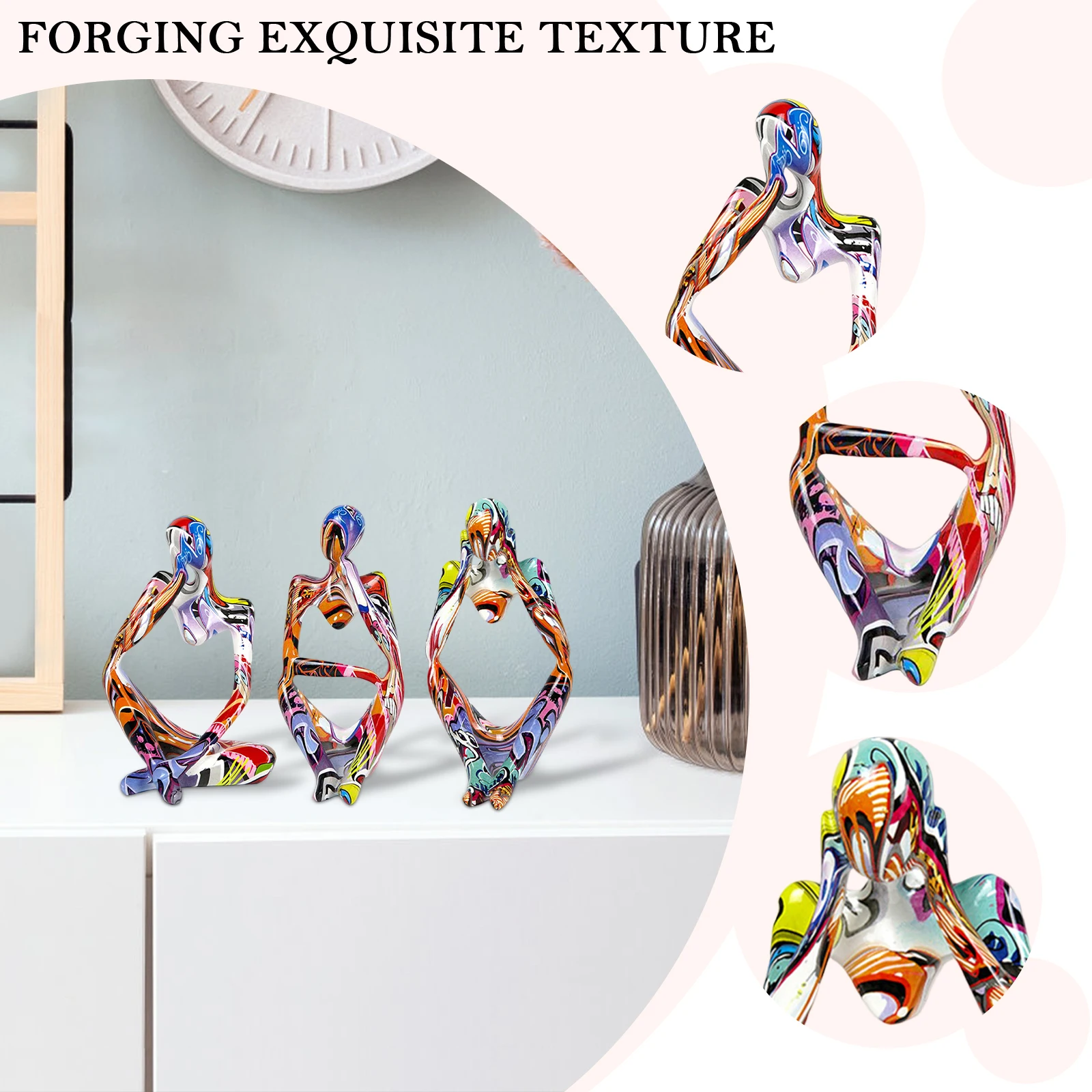 3pcs Abstract Thinker Figure Statues Graffiti Abstract Modern Thinker Sculpture Ornaments Mini Handicraft for Living Room
