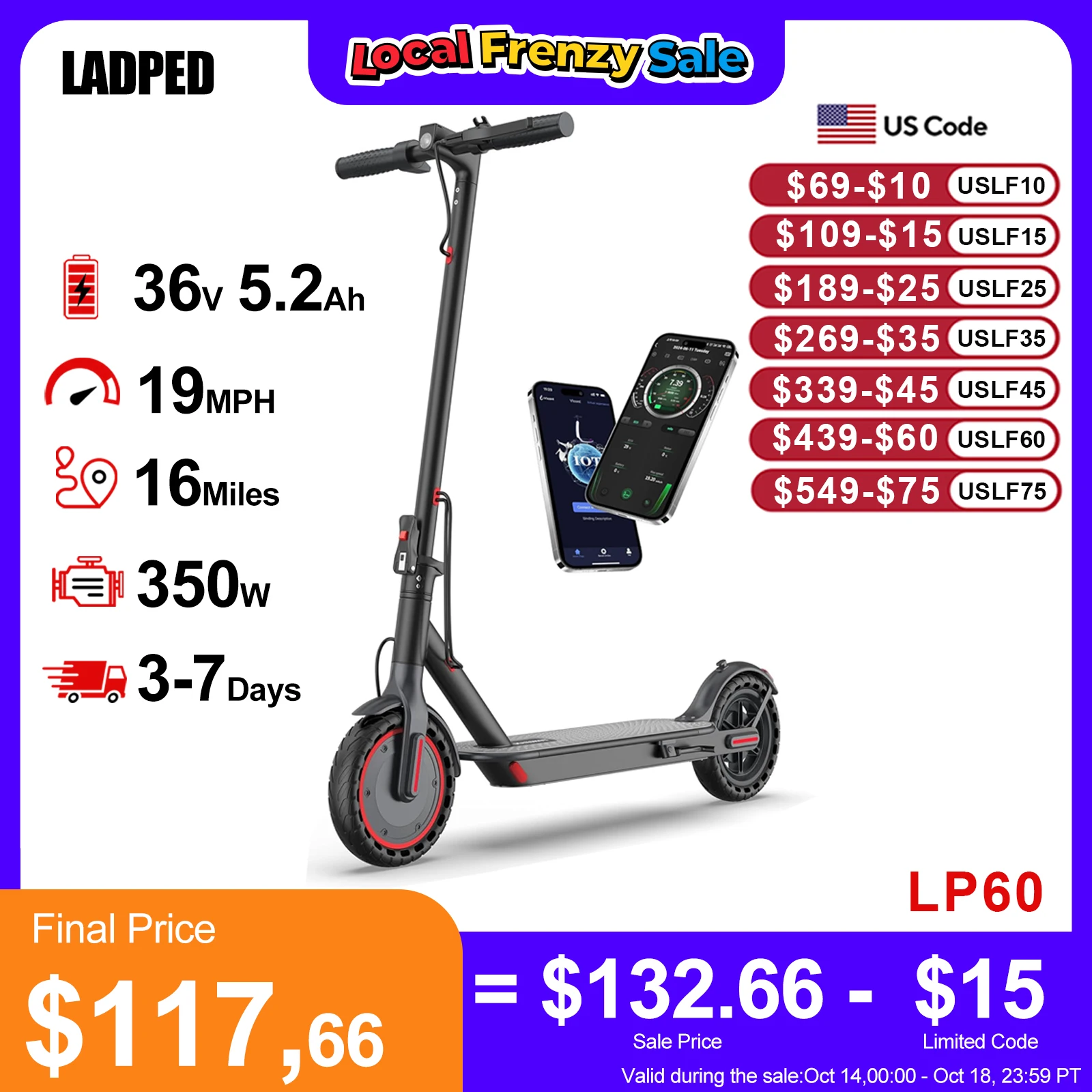 LP60 Electric Scooter 350W 19mph APP Smart Control Scooter 8.5inch tire Folding Electric Scooter 16miles Max Range for Adult 1