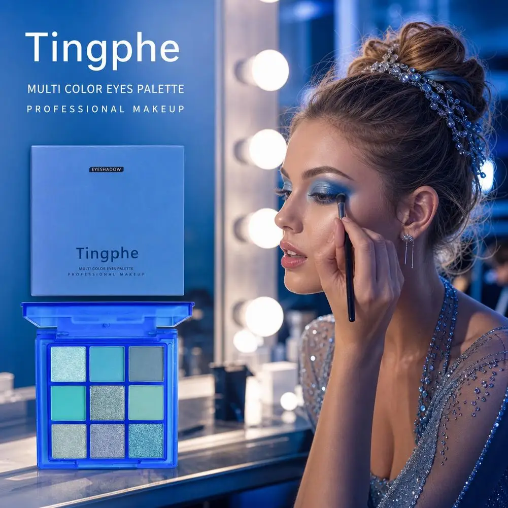 9-Color Ocean Blue Eyeshadow Palette with Matte and Shimmer Finishes