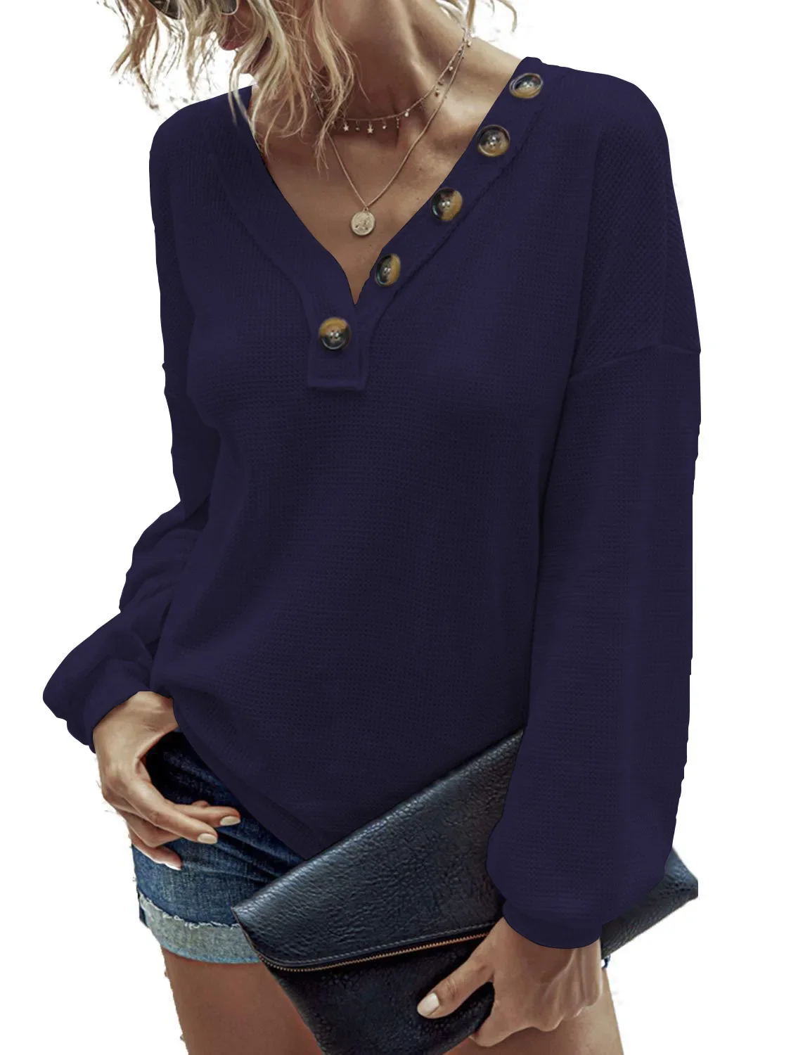 

Plaid lantern sleeve V-neck button casual loose T-shirt woman GRAY22